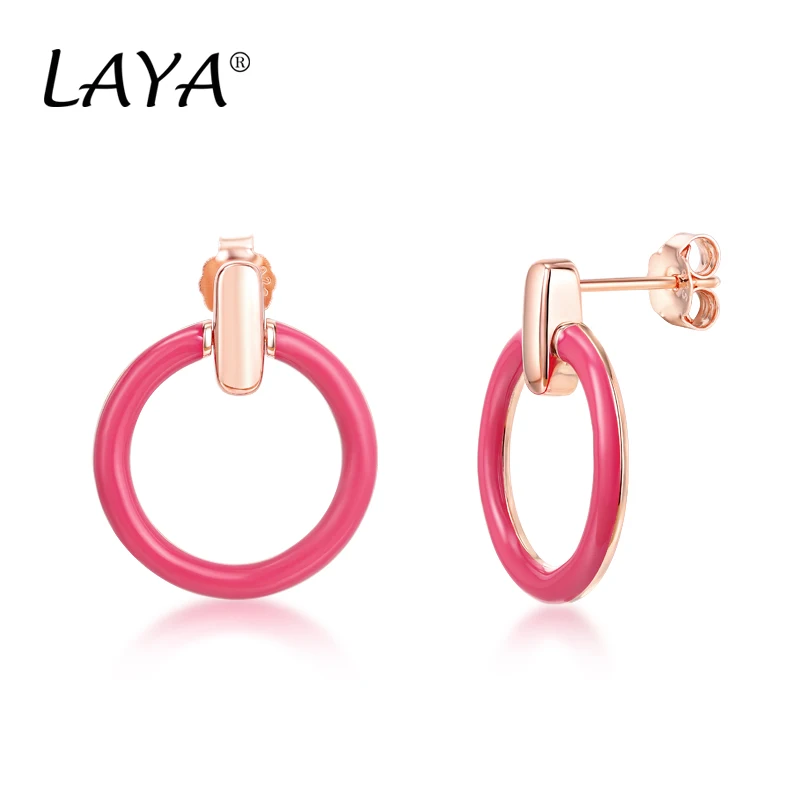 

Laya 925 Sterling Silver Simple Design Circle Color Enamel High Quality Jewelry Drop Pink Earrings For Women Birthday Party Gift