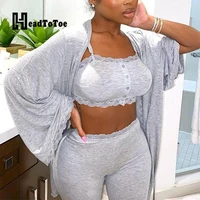 solid lace crochet bra crop tops skinny pants open front long coats set loungewear casual women 3 piece set