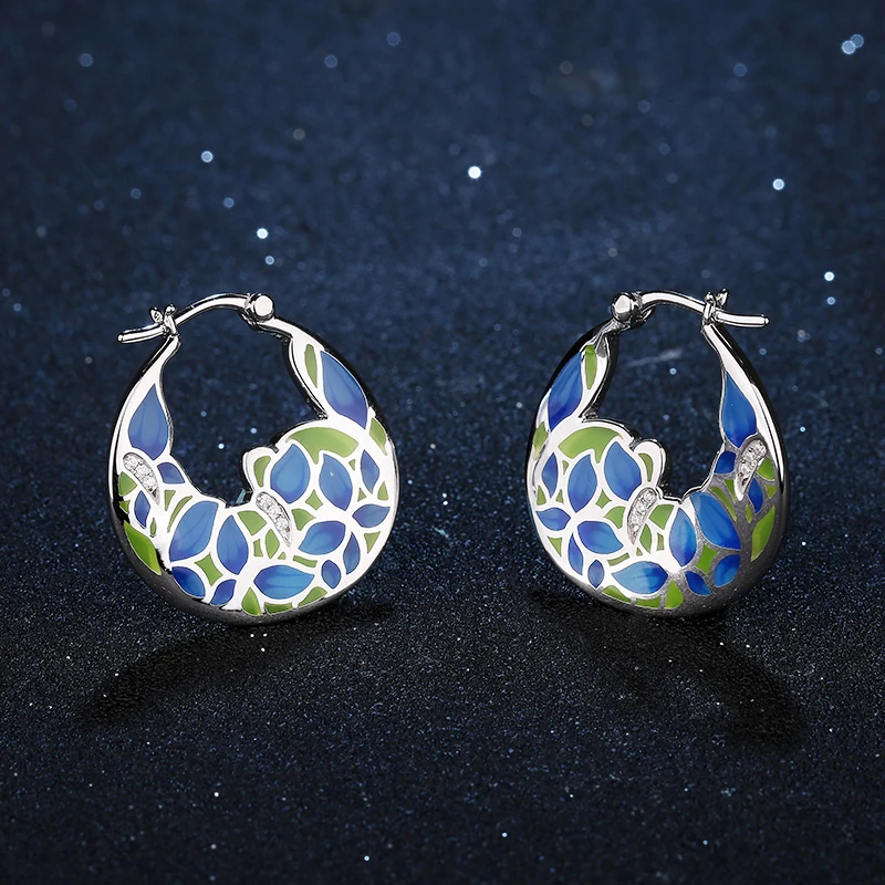 

Blue forget-me-not flowers Earrings For Women Silver 925 Hoop Earrings AAA Cubic Zirconia Fine Jewelry Trend Party Gifts 2020