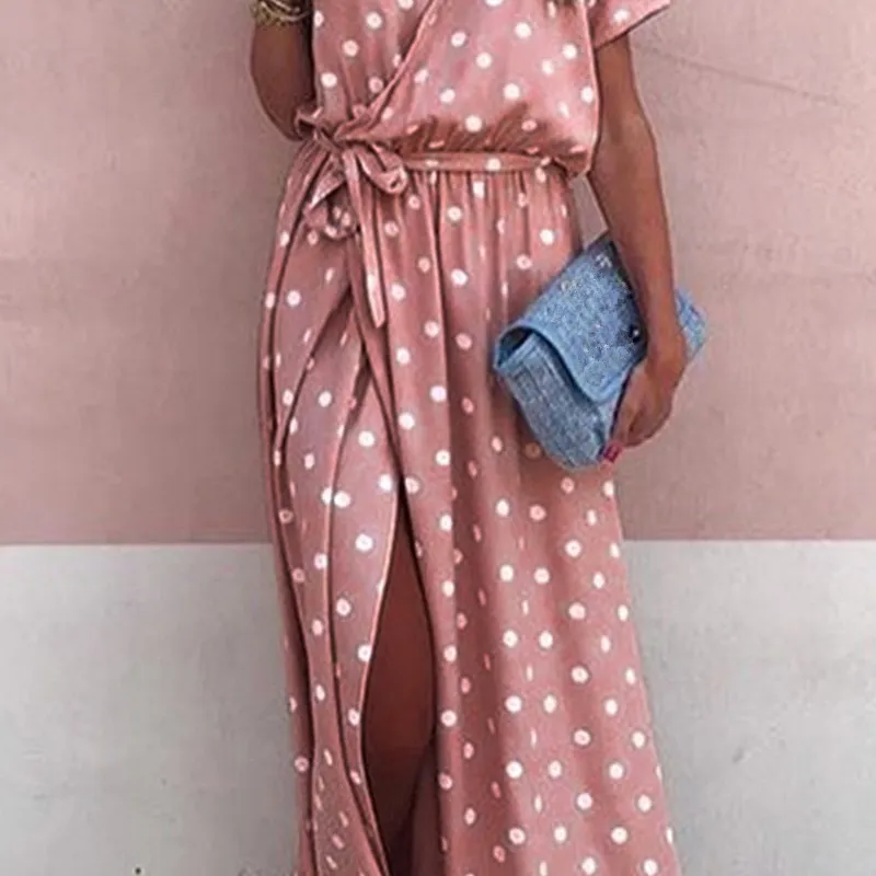 2019 летние Для женщин розового цвета с узором в горошек Повседневное платье макси