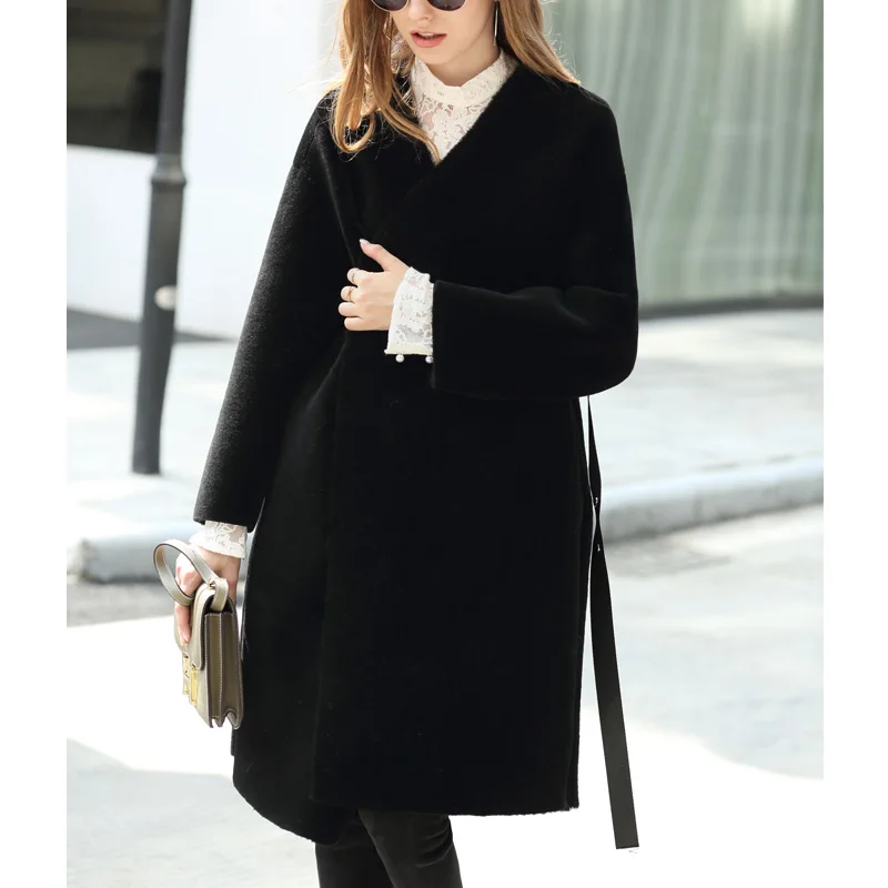 Женское длинное пальто из искусственной кожи зимнее 100% шерсти в Корейском стиле