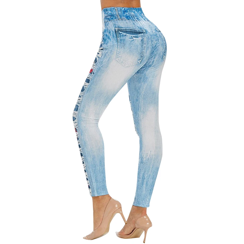 Рваные обтягивающие джинсовые джеггинсы с принтом розы штаны леггинсы высокой