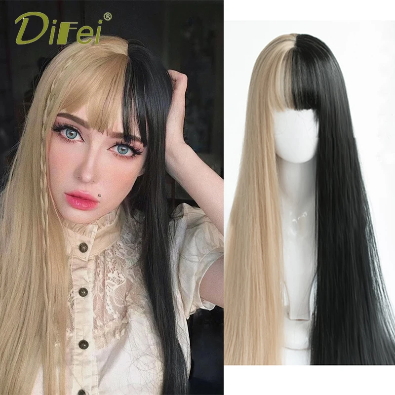 DIFEI Heat-resistant Synthetic Black Gold Double Color Matching Long Straight Wig With Bangs Female Cosplay Wig Anime Fake Hair