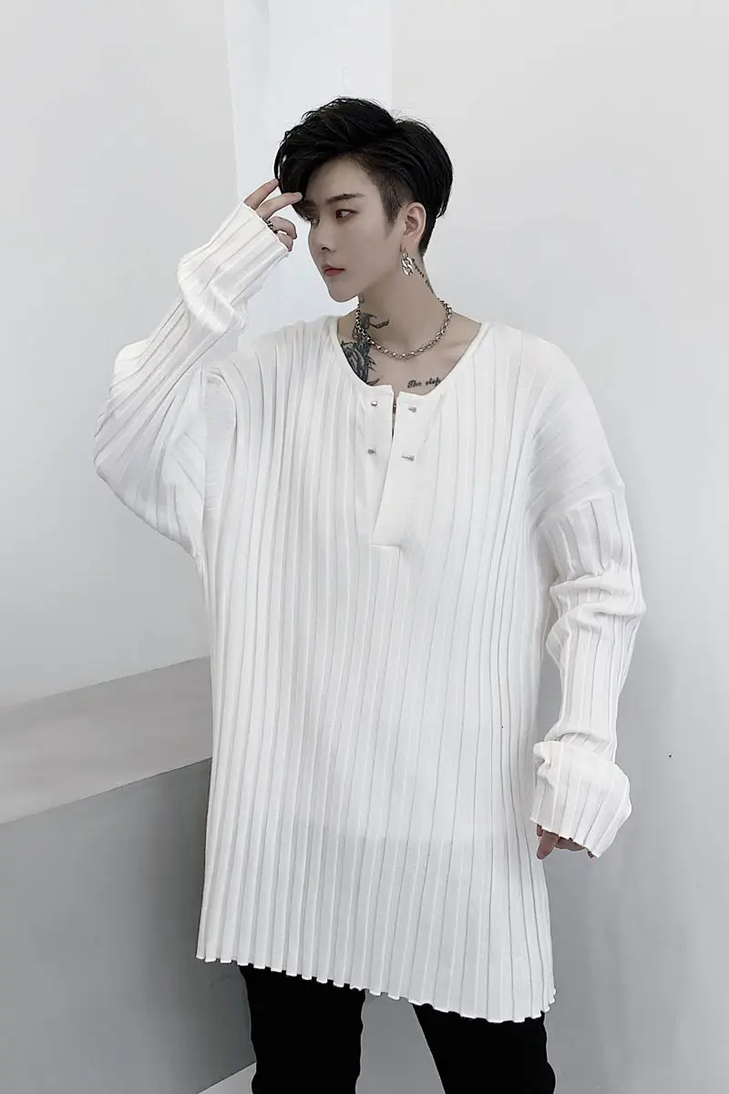 

2020Spring And Autumn New Youth Popular Men's Striped Round Neck Metal Pin Knit Sweater Fashion Casual Thin Pullover Black/white