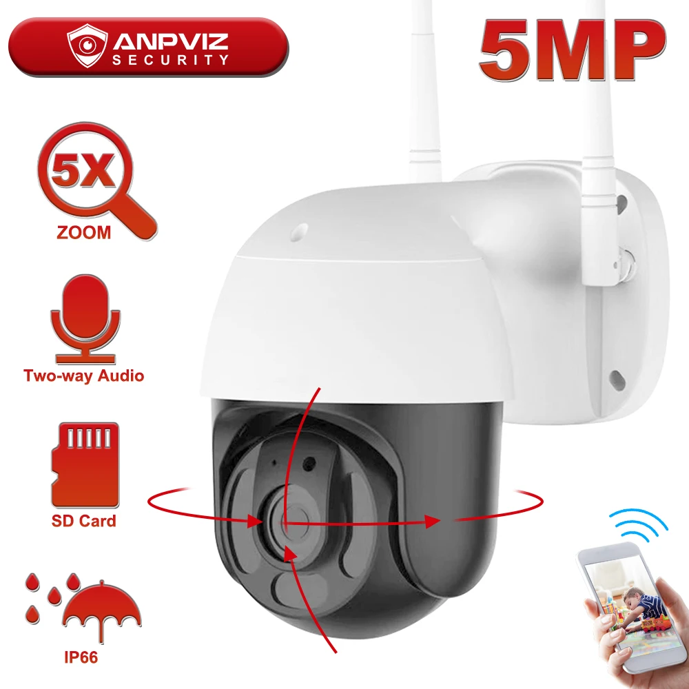 IP камера Anpviz 3 Мп/5 МП Wi Fi PTZ 5 кратный зум наружная беспроводная видеонаблюдения