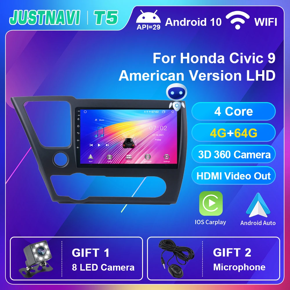 

Car Radio 4G 64G Android 10.0 For Honda Civic 9 American Version 2013-2016 LHD Carplay DVD Multimedia Player GPS DSP No 2 din 9"