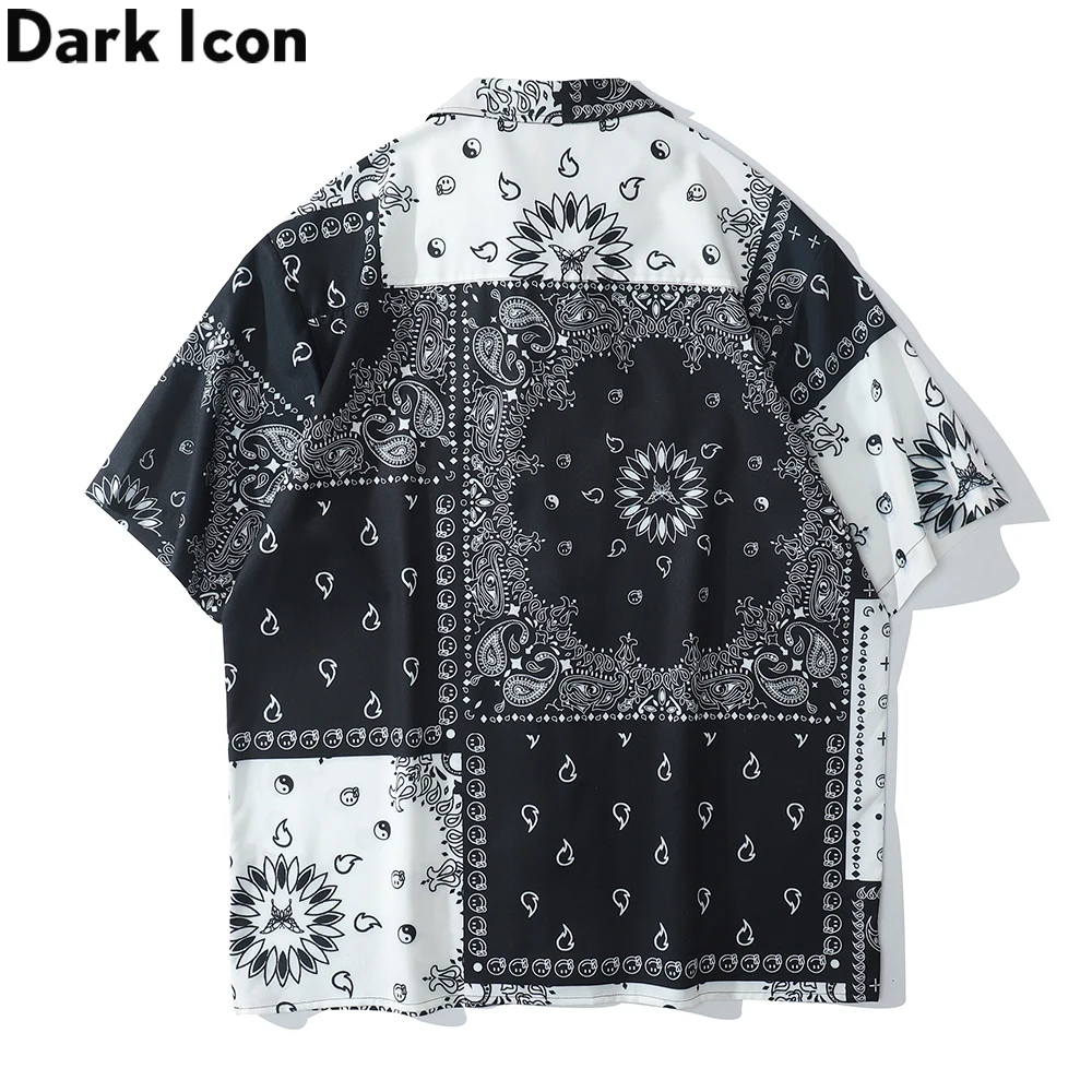 Dark Icon Black White Color Contrast Bandana Shirt Men Street Fashion Polo Shirt Hawaiian Shirts Man