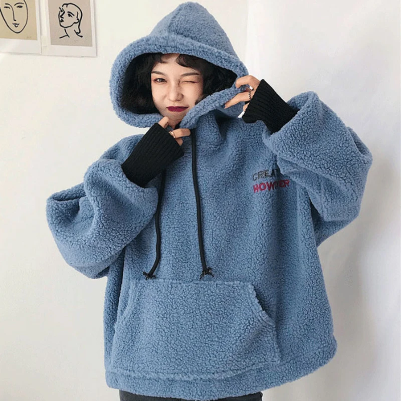 Толстовка женская утепленная с капюшоном бархатная плюшевая в стиле Харадзюку -