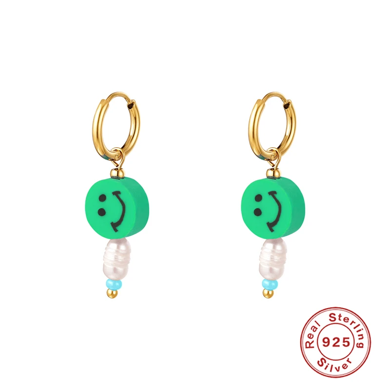 

Viny 925 Sterling Silver Cartoon Face Small Hoop Earrings For Women Colorful Zircon Piercing Earrings Pearl Drop Pendant Jewelry