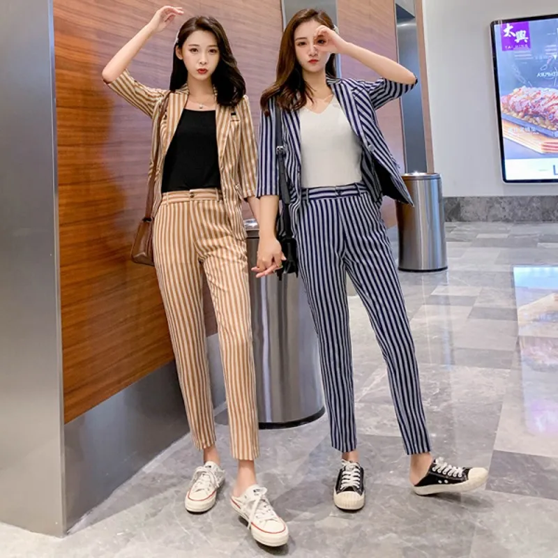 

Korean fashion work pants suit 3-piece set 2021 summer thin striped suit jacket + trousers office lady suit