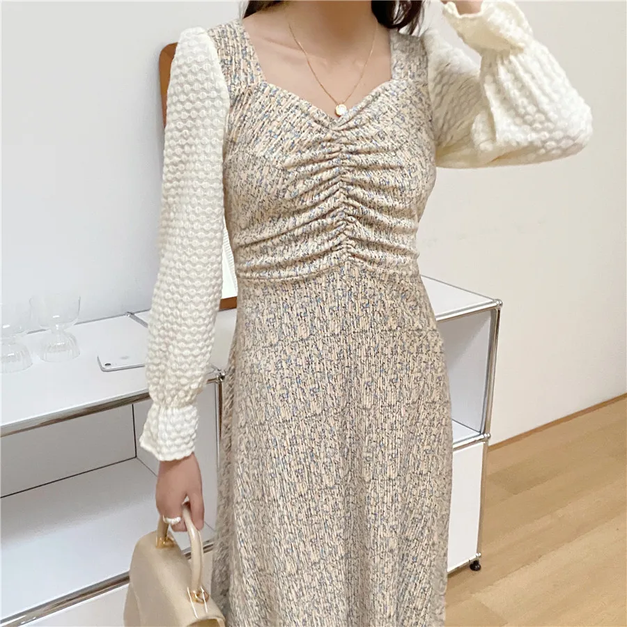 

Spring Autumn Female Korean Style Lace Long Sleeve V-Neck Dress Women Floral Dresses Elegant Vintage Stitching Black Maxi Dress