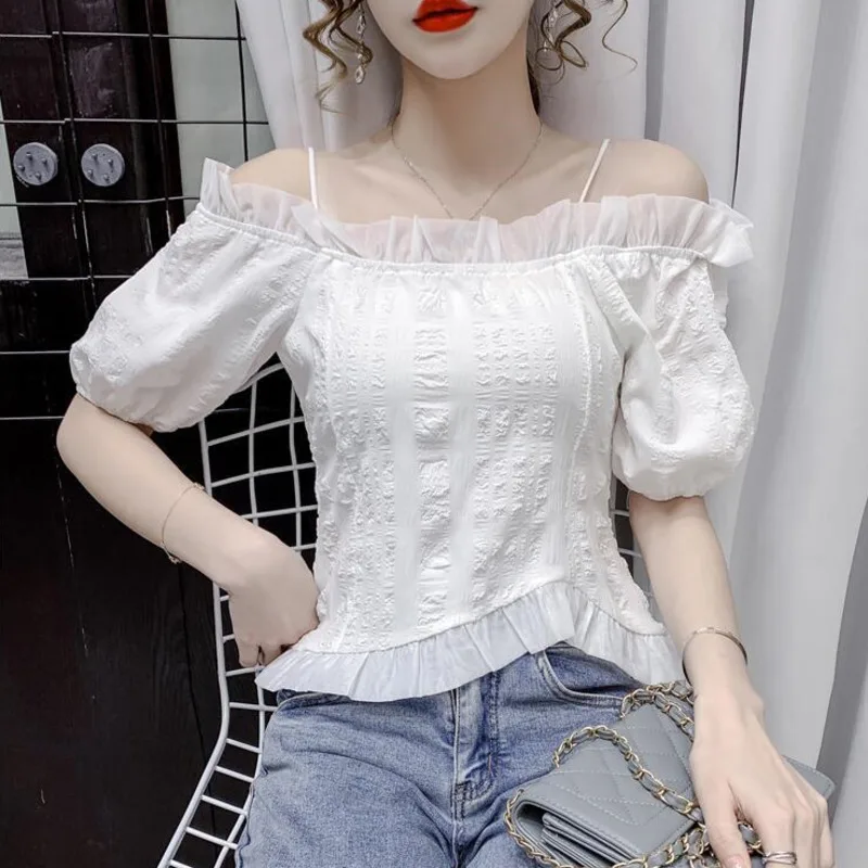 #2041 черно белая шифоновая короткая блузка женская с воротником лодочкой и