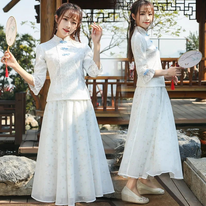 

Chinese Style Clothing Women 2021 Lace Tops Tang Costume Shirts Traditional Qipao Cheongsam Blouse For Lady Female