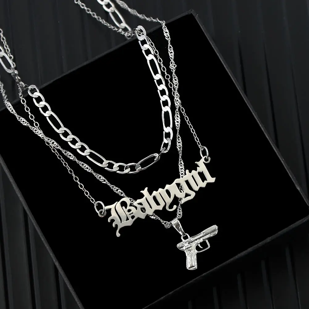 Aliexpress - Flatfoosie Punk Hip Hop Silver Color Pistol Pendant Necklace Women Multilayer Babygirl Letter Clavicle Chain Necklace Jewelry