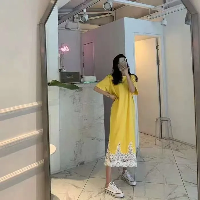 

Korean Chic Summer Retro Style Fashionable Hem Lace Crochet Slimming Patchwork Loose Temperament Midi Dress