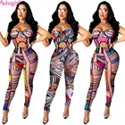 Пикантный комплект Adogirl из двух предметов с принтом на бретелях-спагетти, укороченный топ без рукавов с открытой спиной, брюки-карандаш, пикантная одежда для ночного клуба