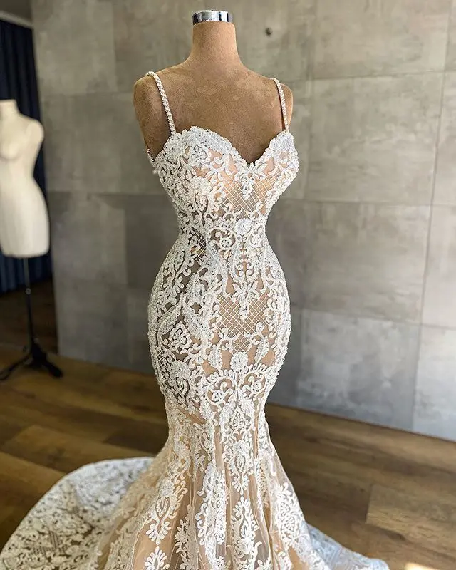 2020 Wedding Dress Sweetheart Lace Applique Mermaid Bridal Gown With Spaghetti Strap