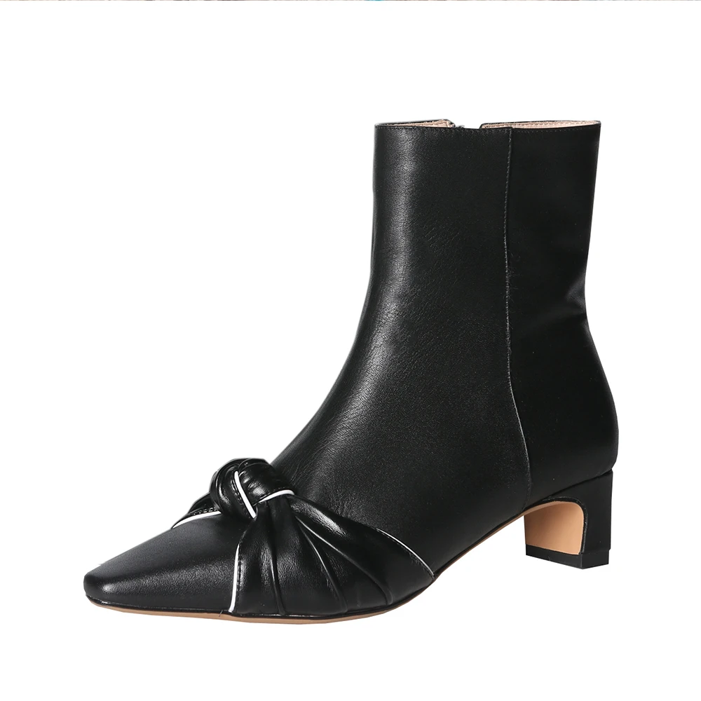 

RJN Elegant Ankle Boots Pointed Toe Butterfly-knot Decoration High Quality Cow Leather Shoes Women Mid-heel Boots Black RO204