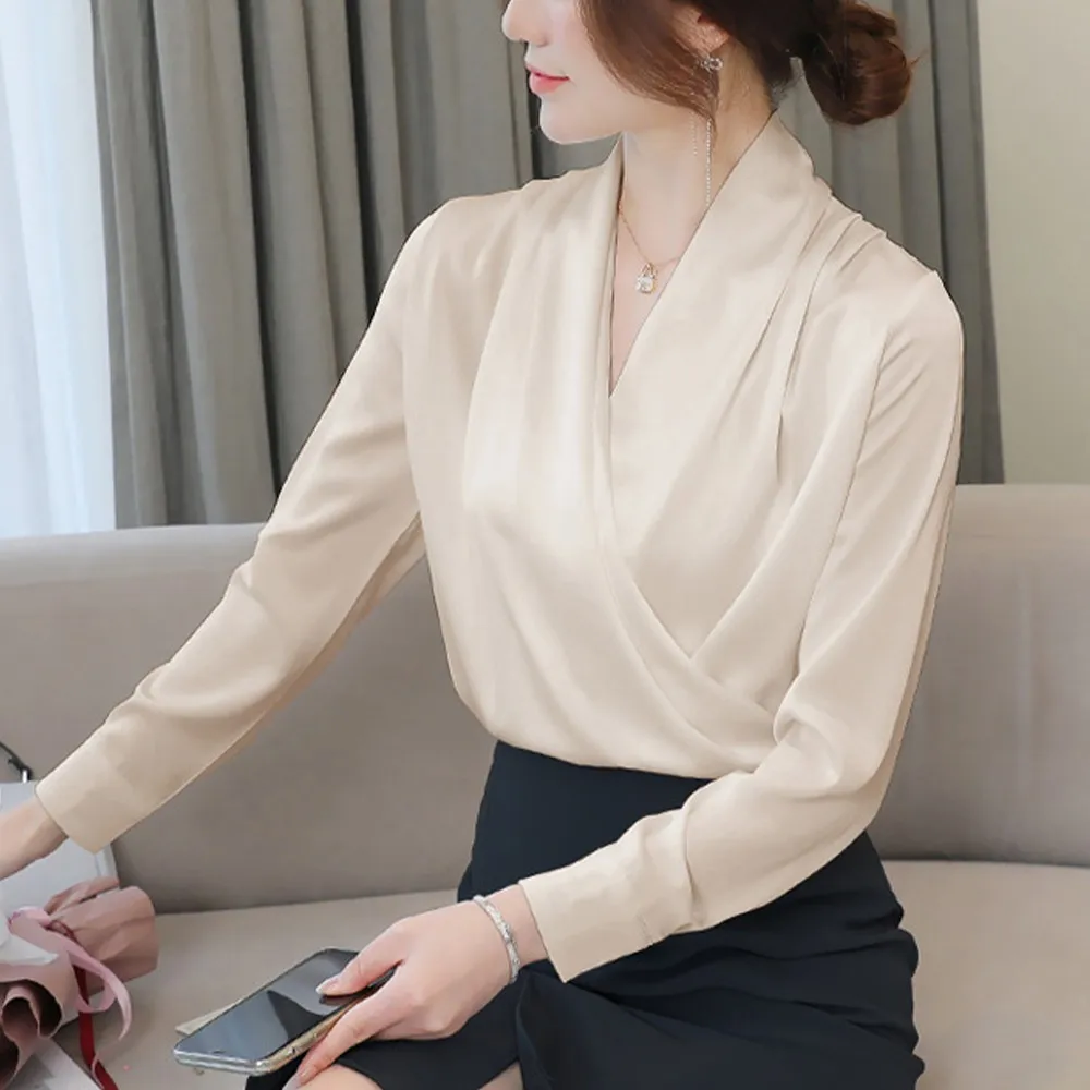 

Elegant Soft Satin Blouse Sexy V Neck Office Ladies Shirts Casual Solid Long Sleeve Women Oversize Blouse Top 2xl
