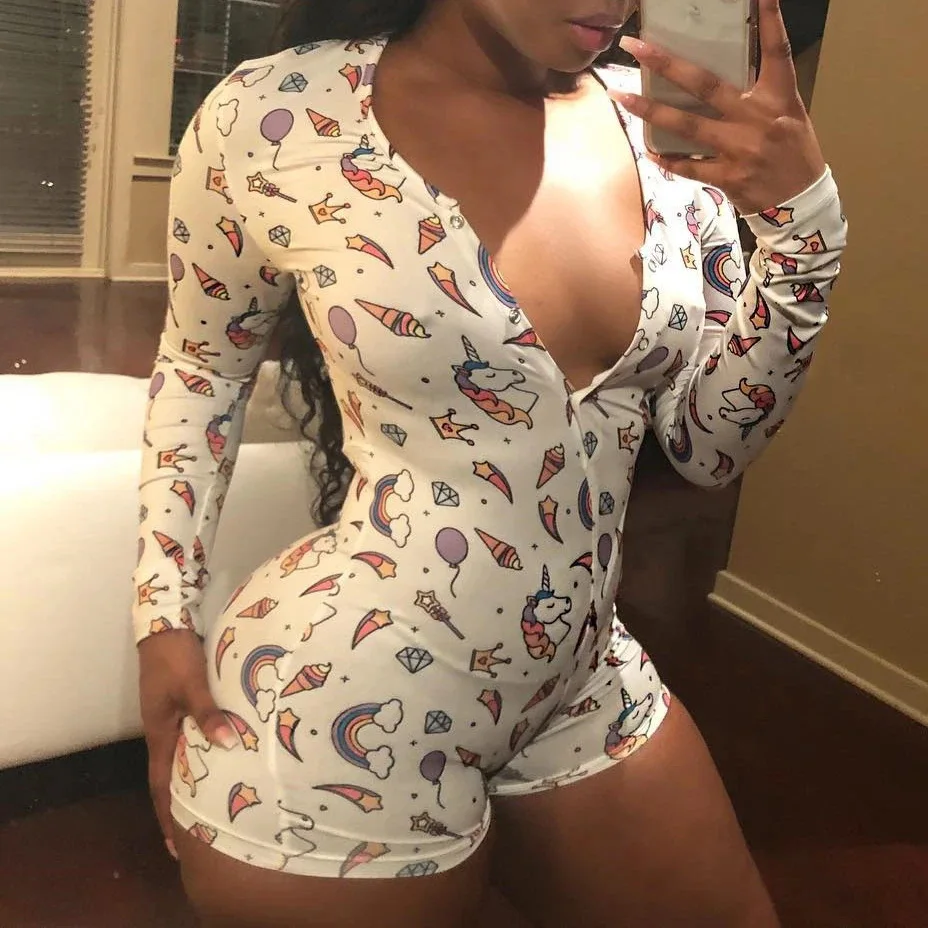 

Buuuu 2020 Sexy Pajamas Women's Bodysuit Plus Size Long Arm V-CUT Stretch Fit Y2K Cute Cartoon Logo Pattern