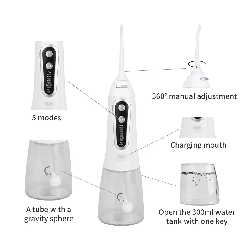 

5 Modes Electric Oral Irrigator USB Rechargeable Water Floss Portable Dental Water Flosser Jet Teeth Cleaning 300ML Tooth Pick