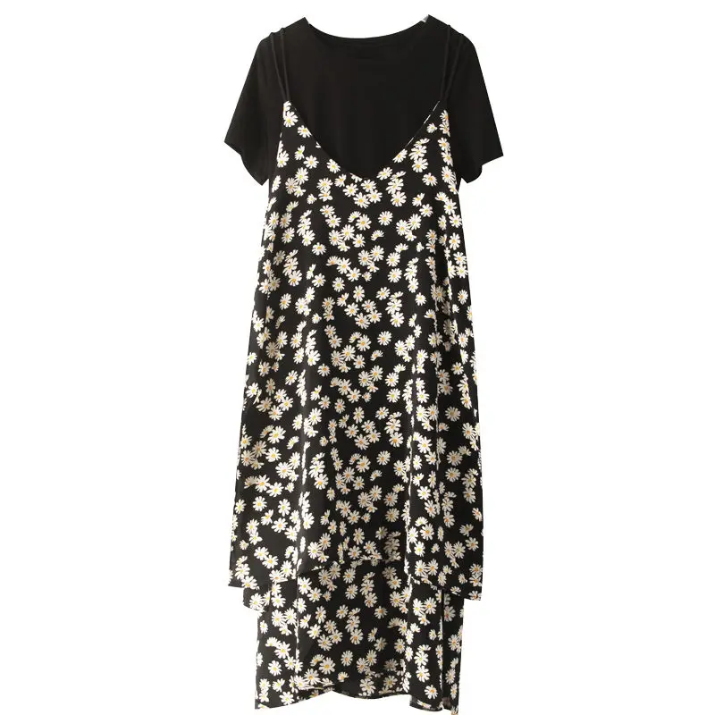 

2022 New Retro Print Chiffon Sling Dress Women Clothing Summer Dresses Short Sleeve T Shirt Sling Dress Two Piece Suits aq361