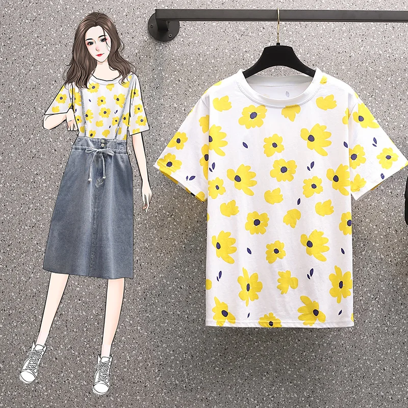 

4XL Plus Size Women Yellow Flower Print Cotton Tee Shirt Summer 2021 O-neck Short Sleeve Loose Casual T-shirts Ladies Tops