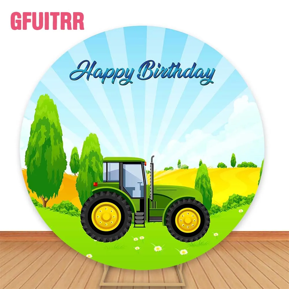 

GFUITRR трактор грузовик круглая фотография фон для мальчика 1-я зеленая трава дерево декор баннер фотобудка фон