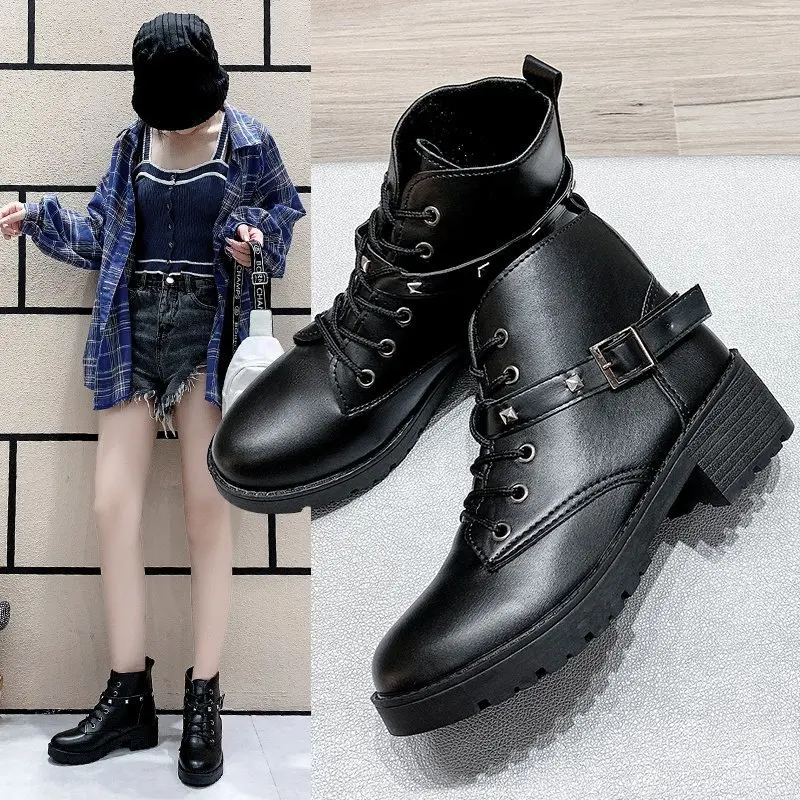 

Women Boots Ankle Shoes Autumn Winter PU Leather Lace Up Low Heels Woman Fashion Ladies 2020 NVXUE20