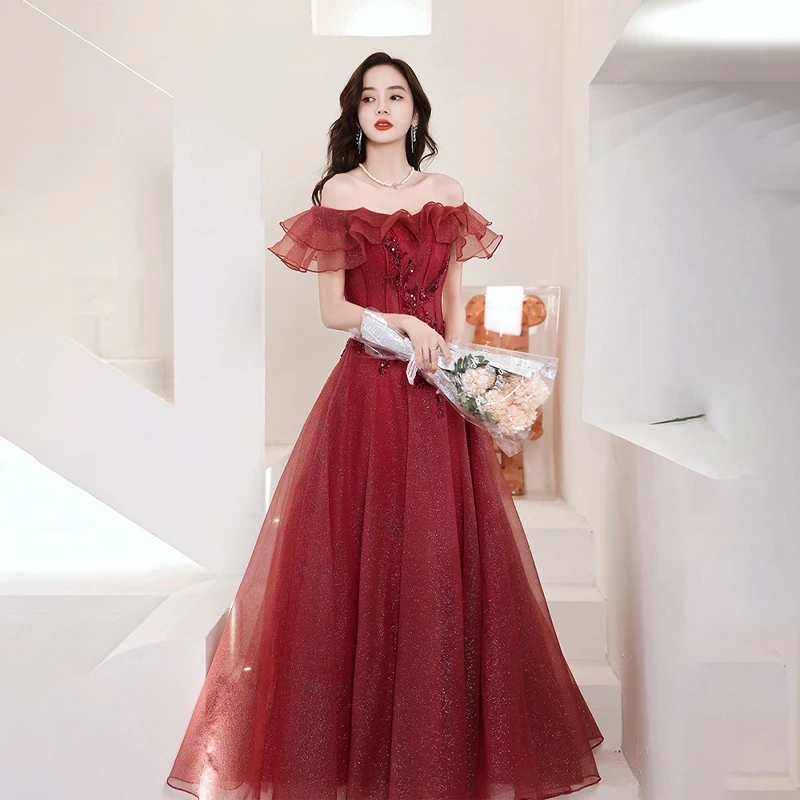 

Luxurious Ruffles Short Sleeves Evening Dress Boat Neck Sequins Appliques A-Line New Floor-Length Woman Formal Party Gowns A1224