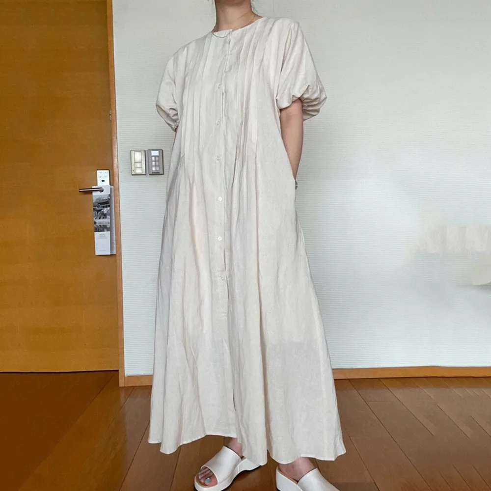 

2021 Summer New Korean Fashion Vacation Loose Casual Women's Dress Solid Color Round Neck Lantern Sleeve Simplicity Temperament