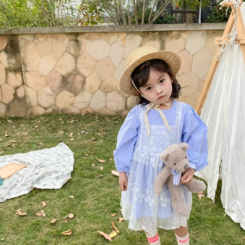 Spring New Arrival Korean style cotton striped matching flowers mesh princess long sleeve dress for cute sweet baby girls | Детская