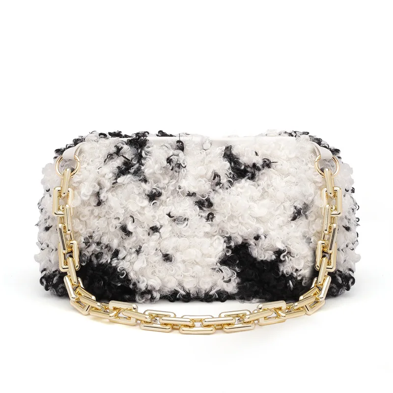 New Fashion Lambswool Women's Shoulder Bag for 2021 Winter Warm Plush Mixed Colors Stylish Female's Handbag Chain Ladies | Багаж и
