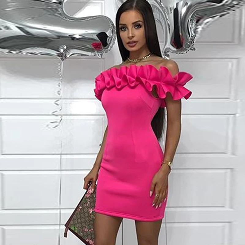 Rose COSYGAL Новое сексуальное платье с оборками и открытыми плечами женские вечерние Клубные платья бодикон Модные осенние зимние белые платья - Цвет: Rose