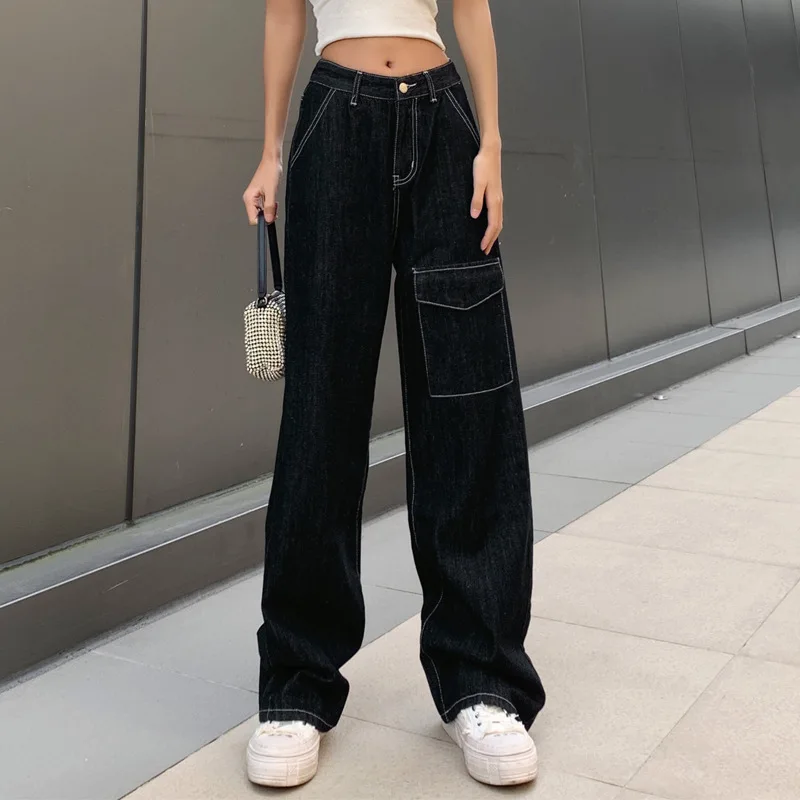 Women's Chic Streetwear Denim Jeans Trendy High Waist Casual Straight  Loose Wide Leg Punk Wild Denim Pants With Flap Pocket