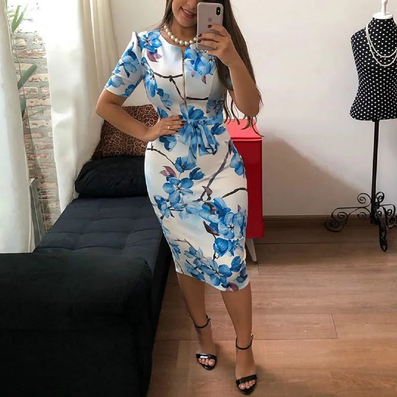 HAOOHU Women Dress Formal Slim Tunic Pencil Dress Short Sleeve Knee-Length Bodycon Dress Business Office Lady Professional 2021