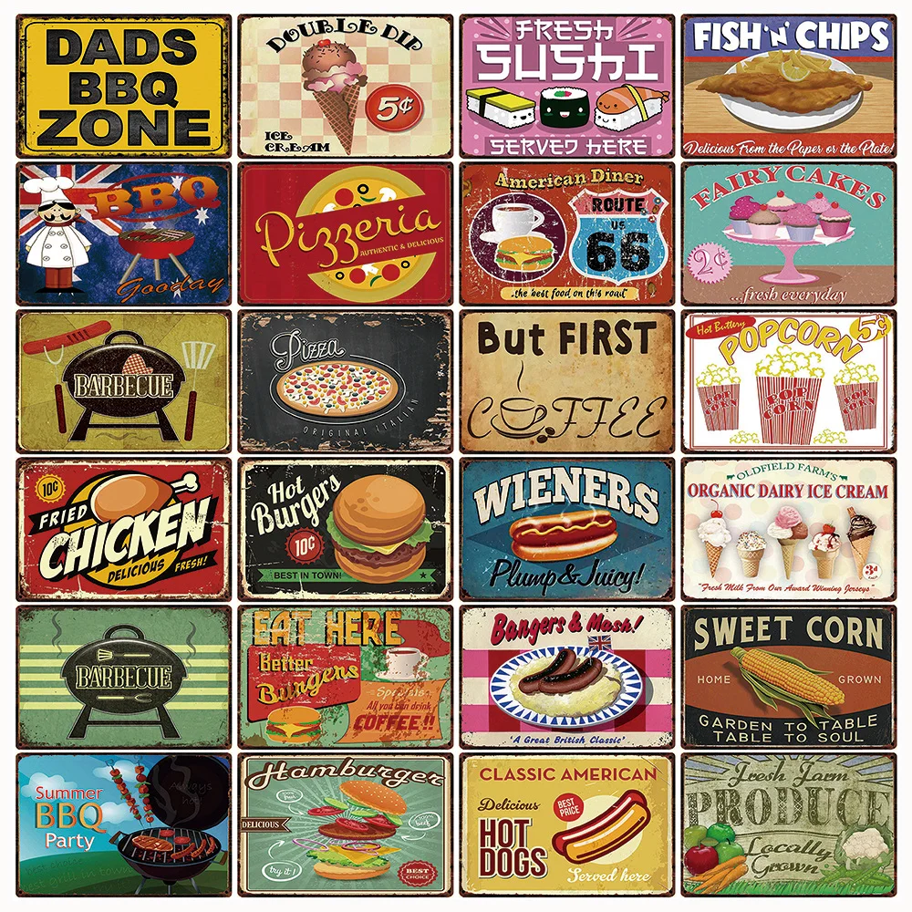 

[ Kelly66 ] Food Hot Dog Hamburger Pizza DADS BBQ Zone Metal Sign Tin Poster Home Decor Bar Wall Art Painting 20*30 CM Size F-07