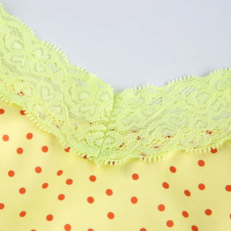 

Sexy Lace Patchwork Y2K Women's Split Slim Dress Cute Backless Sleeveless Skinny Dress Summer Dot Print Mini 90s Dress 2021