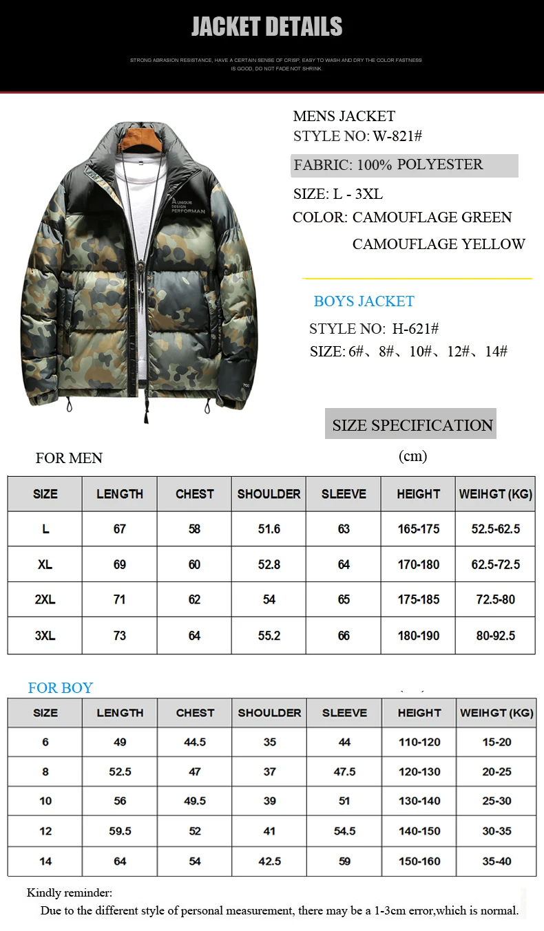 

Child Boys Cotton-Padded Coat Kids Size 6-14Y Adults Size L-3xl Family Warm Jakcet Windbreak Camouflage Green Winter Parka