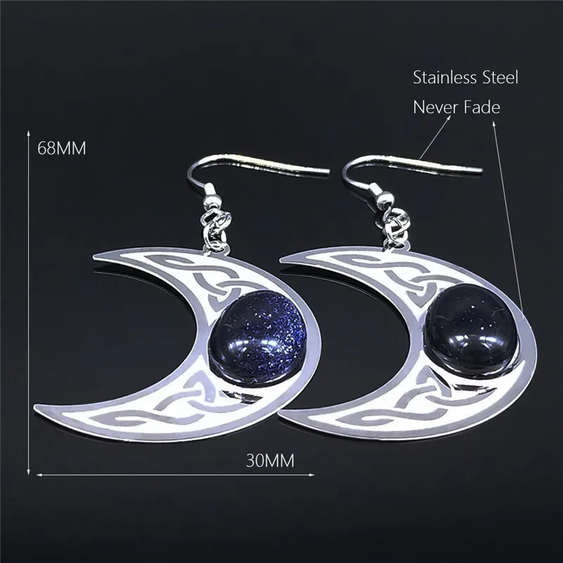 

2021 Irish Knot Moon Natural Stone Stainless Steel Drop Earrings for Women Silver Color Big Long Earrings Jewelry bijoux EXS02
