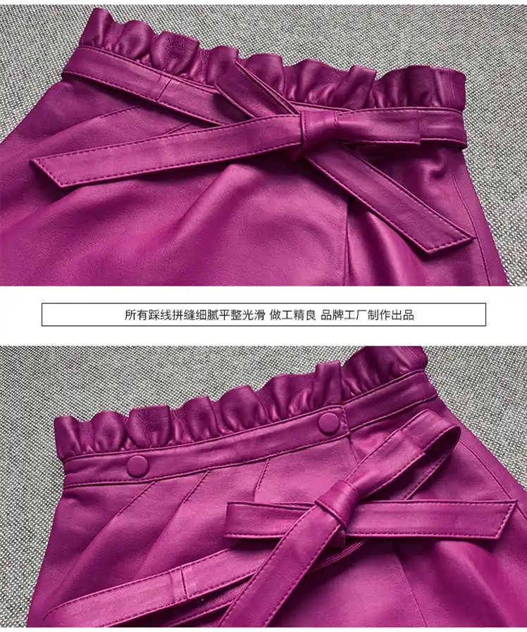 

Spring Women's Autumn Ruffles High-rise leather Skirts Chic women sweet genuine leather mini skirts A871