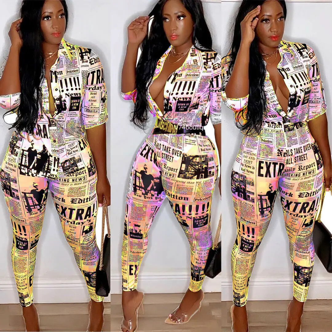 Цвет: желтый Women Jumpsuit Sexy Ladies Jumpsuits Party Rompers Blouse Top Long Pants Women Long Sleeve Romper Skinny Newspaper Print Outfits - Цвет: Цвет: желтый