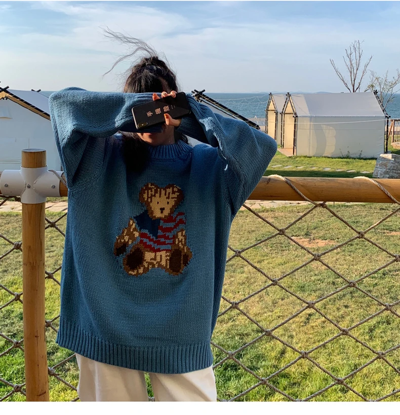 

Sweater Women Women Autumn Bear Sweater Ladies Knitted Jumper Winter Pullover Lazy Style Sweaters Pullovers pull col roul femme