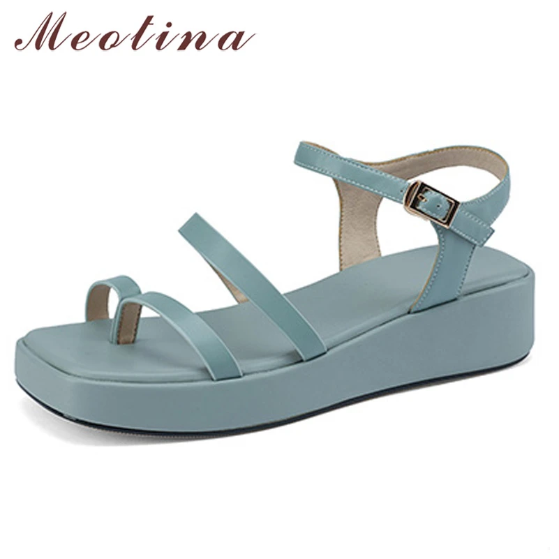 

Meotina Thong Sandals Shoes Women Genuine Leather Sandals Flat Platform Sandals Square Toe Sheepskin Ladies Footwear Blue 2021