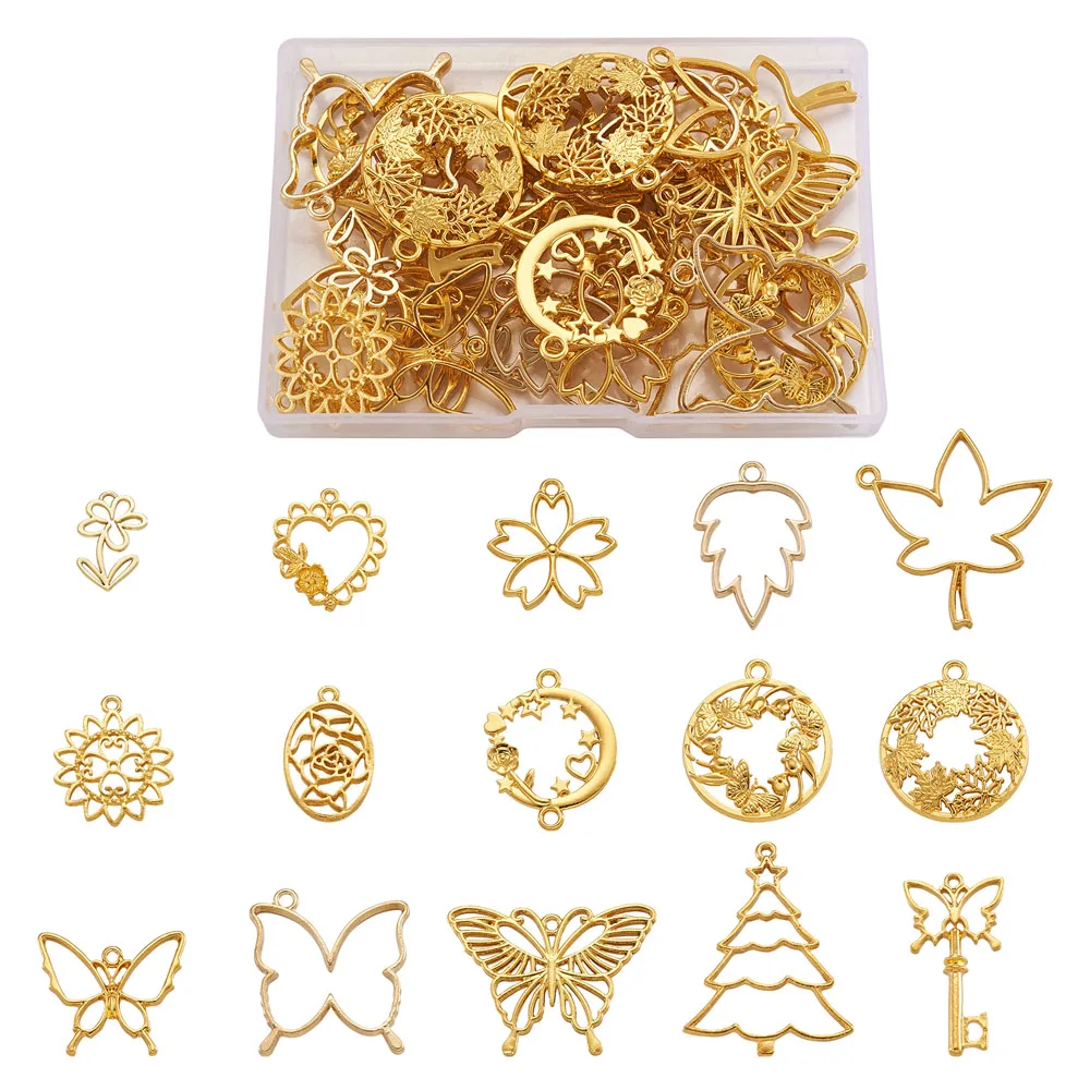 

1Box Alloy Open Back Bezel Pendants Mixed Butterfly Heart Flower Leaf Frame Charms For DIY Epoxy Resin Jewelry Necklace Making