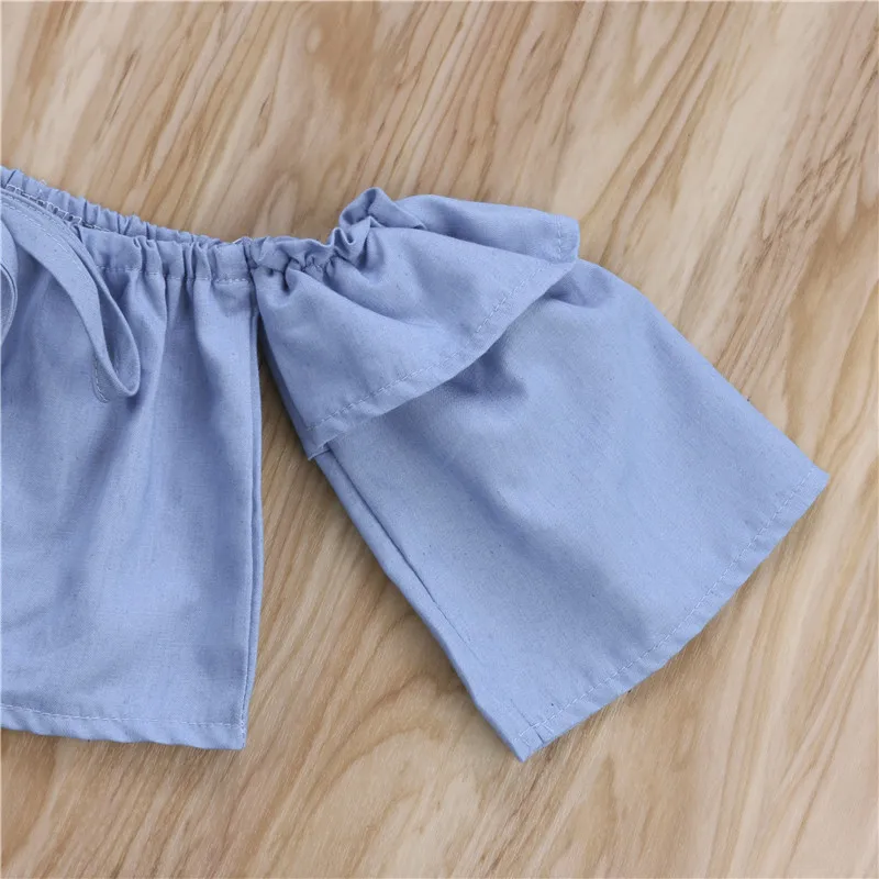 Модный комплект одежды для девочек топы с открытыми плечами маленьких джинсовые