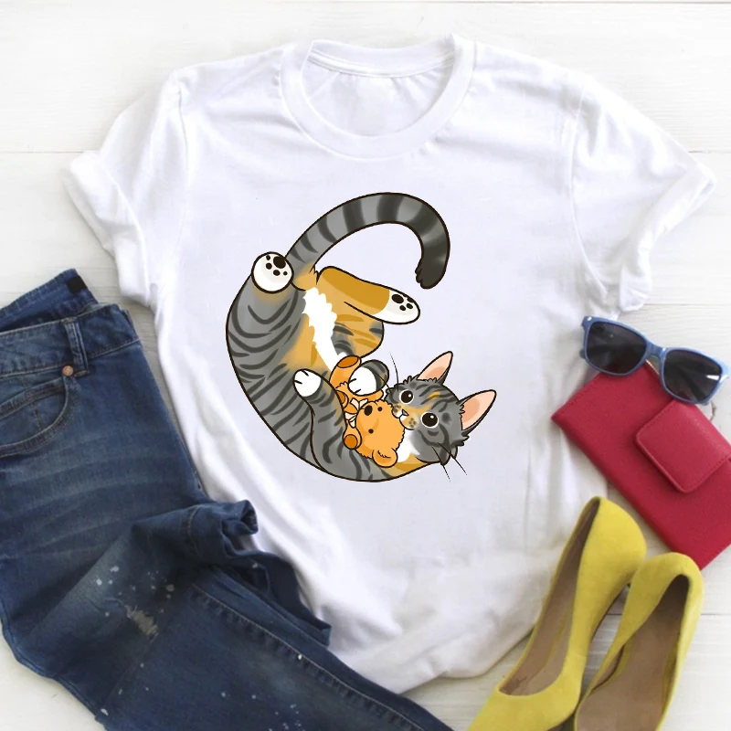 

Cute Cat Pet Cartoon T-shirt Print Ladies Summer women Tee shirt Female Top Shirt Clothes Tshirt Womens Graphic T-shirt tops