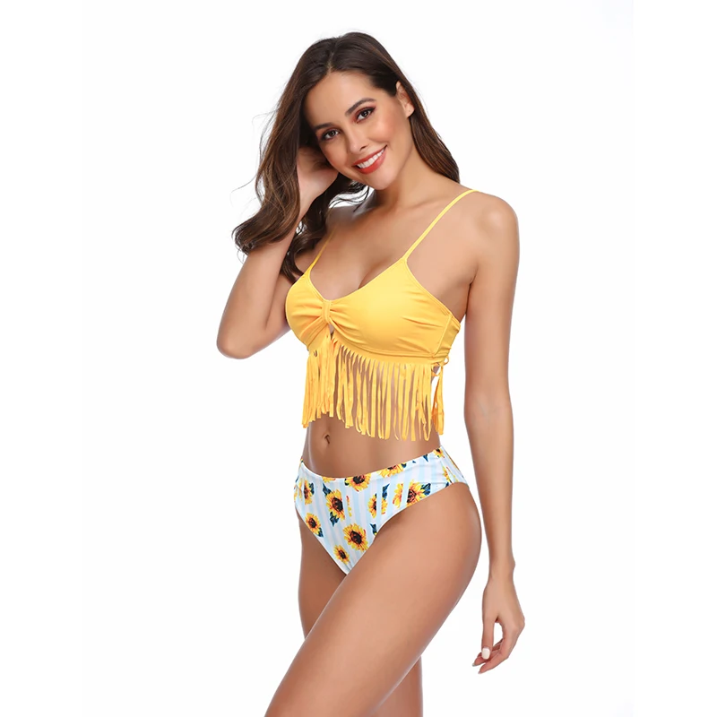 

Swimwear Women Bikini-Set Padded Bathing-Suit Crop-Top Front-Tie Sunflower-Printed Push-Up Flounced Beachwear Ruffles