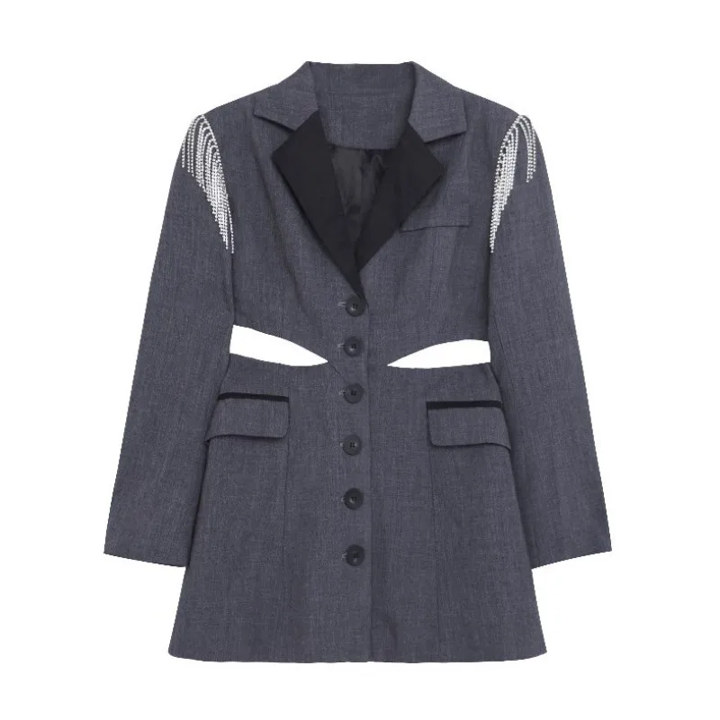 

Designer Women Gray Blazers Fashion Sexy Slim Fit Hollow Out Suit Jacket Autumn Long Sleeve Tassel Single Breasted Blazer Coat