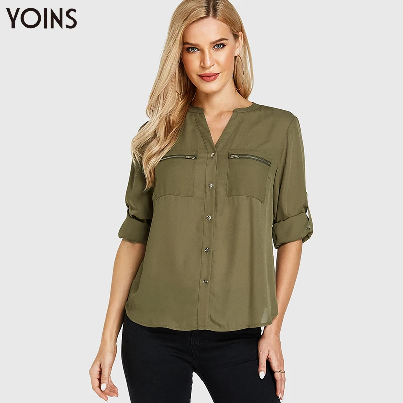 YOINS 2020 весна осень зима блузки и рубашки армейская зеленая пуговица с v образным